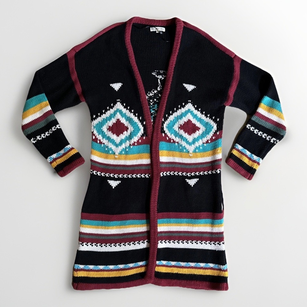 Billabong Southwest‎ Theme-Aztec Long Cardigan S/XS Pockets Black Turquoise ++